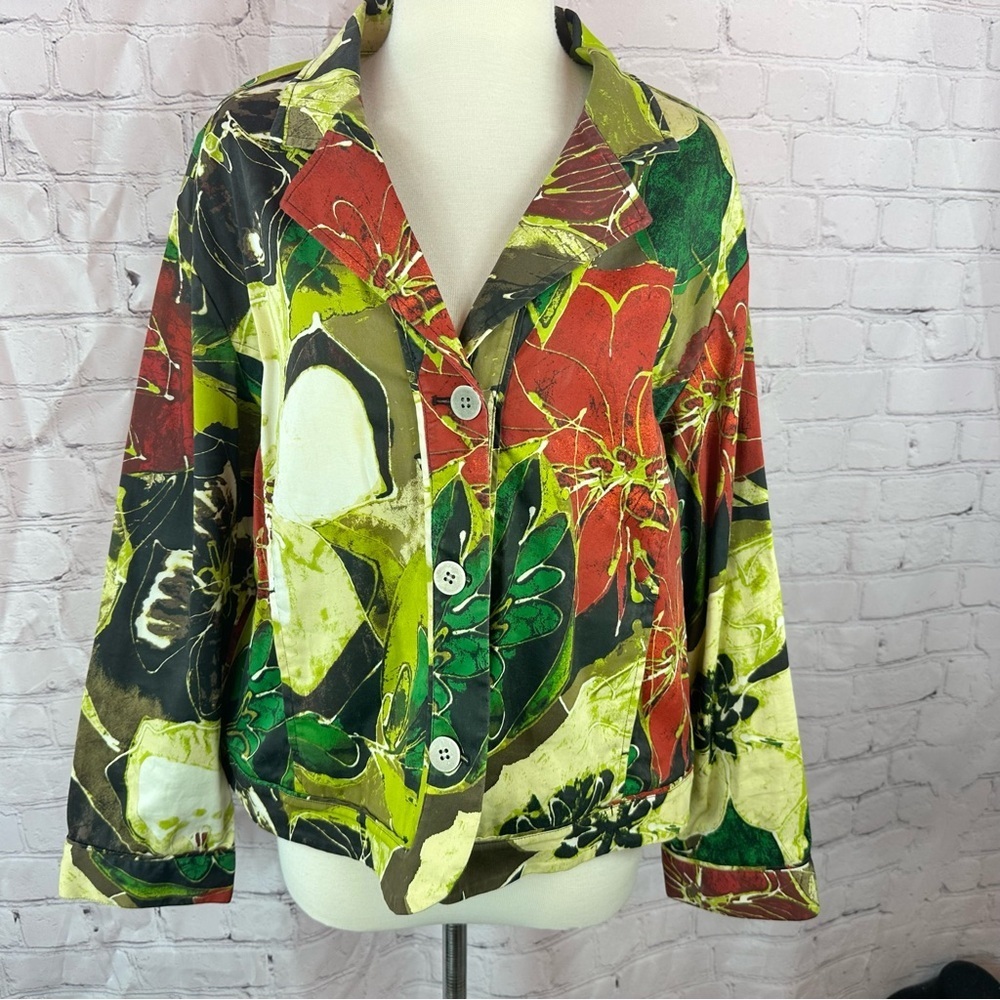 Chico's sz 3 vibrant abstract floral jacket womens xl/16 travel resort granny